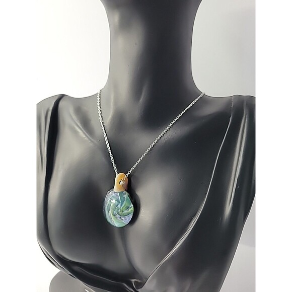 Vintage Handcrafted Art Glass Pendant Necklace Swirl Design in Blue Green Aqua - Picture 7 of 14